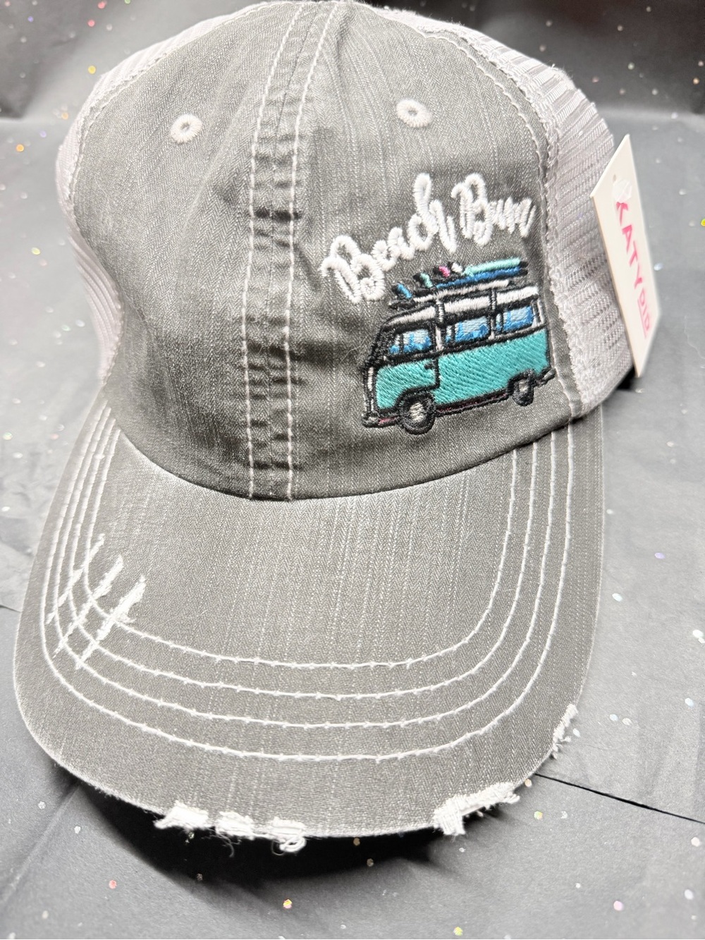 ‘Beach Bum' Grey Trucker Hat with Teal Van Embroidery